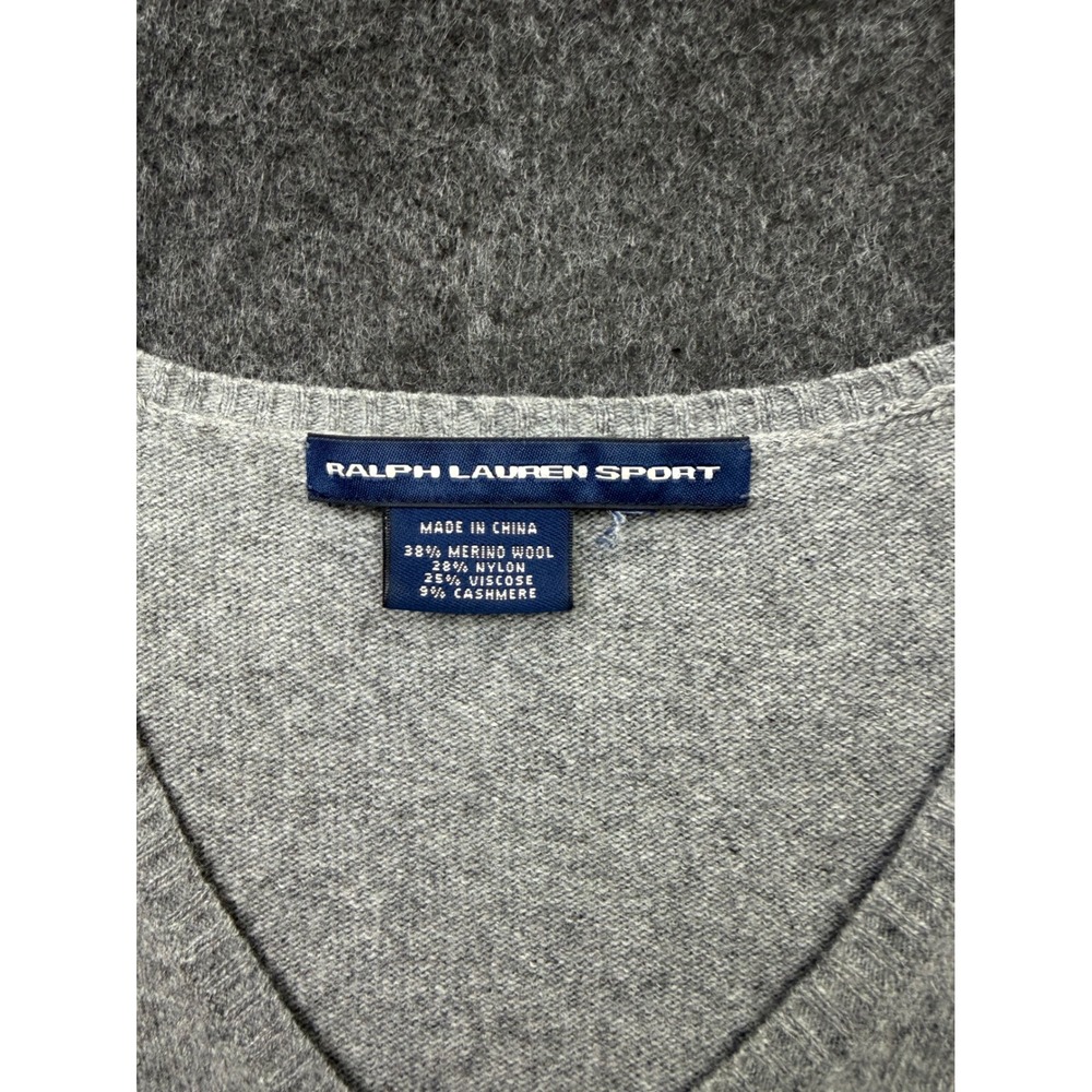 Ralph Lauren Sport Gray Merino Wool Cashmere V-Neck Sweater Pink Pony Logo M - Picture 2 of 6